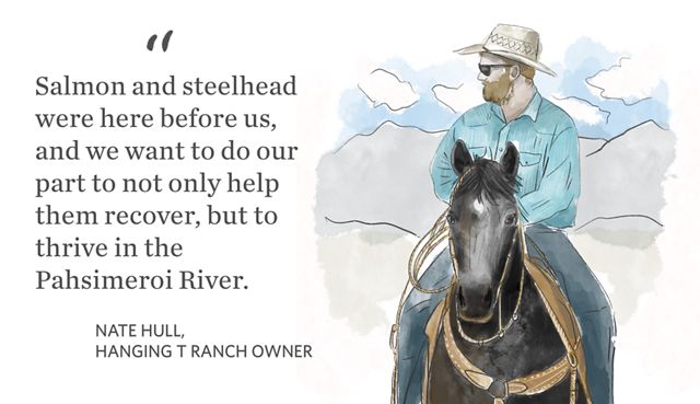 Watercolor illustration of a man on a horse. Text: Salmon and steelhead were here before us, and we want to do our part to not only help them recover, but to thrive in the Pahsimeroi River.