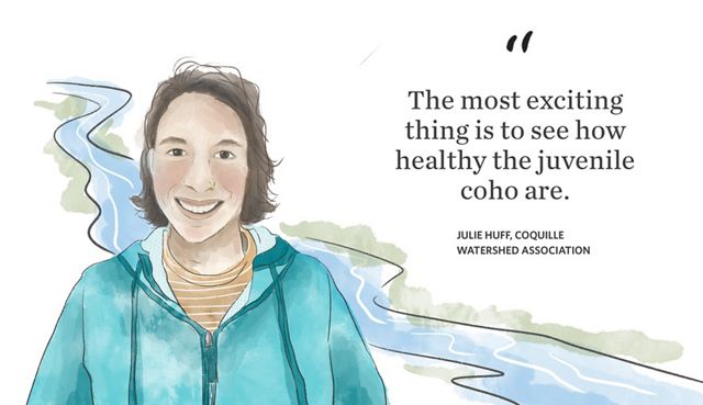 Watercolor illustration of a woman smiling with a river in the distance. Text: The most exciting thing is to see how healthy the juvenile coho are.